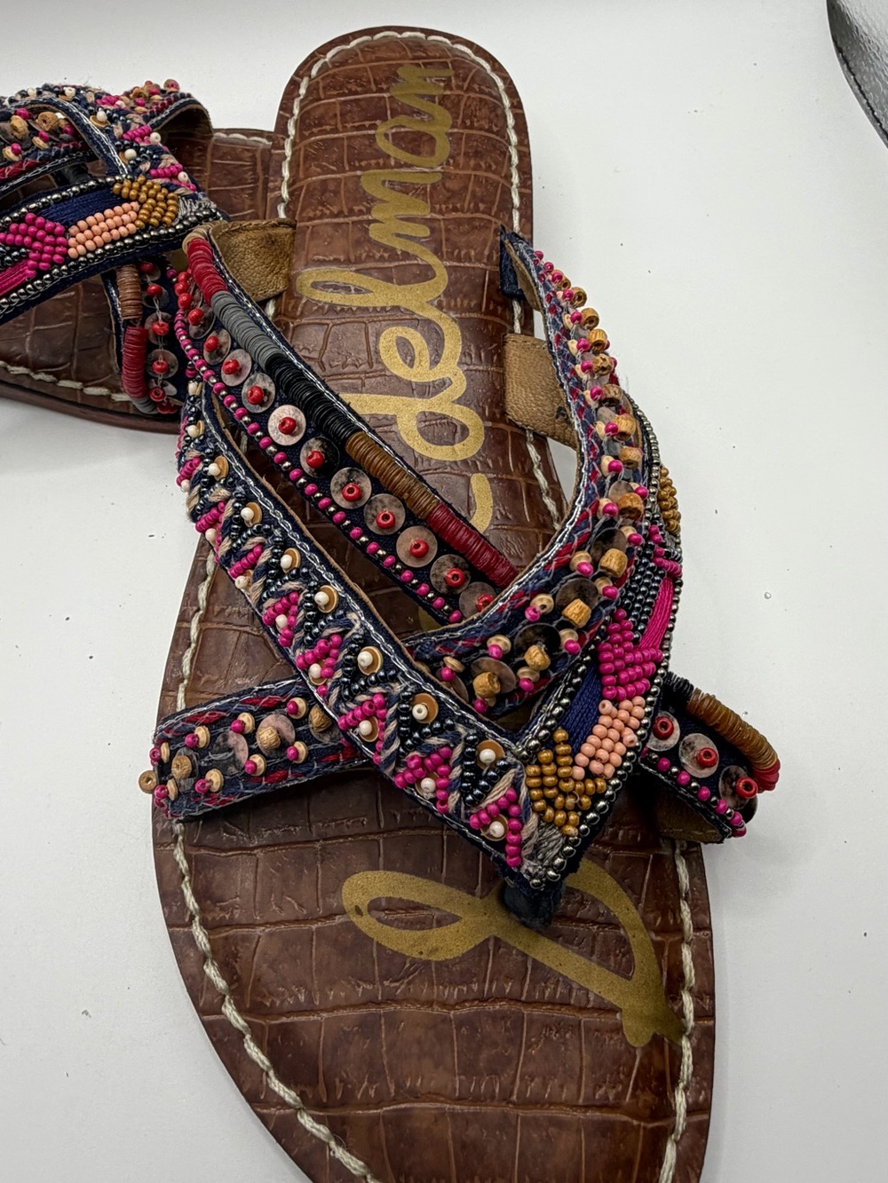 Sam Edelman Hand-Beaded Bohemian Style Brown Leather Thong Sandals - Picture 4 of 6